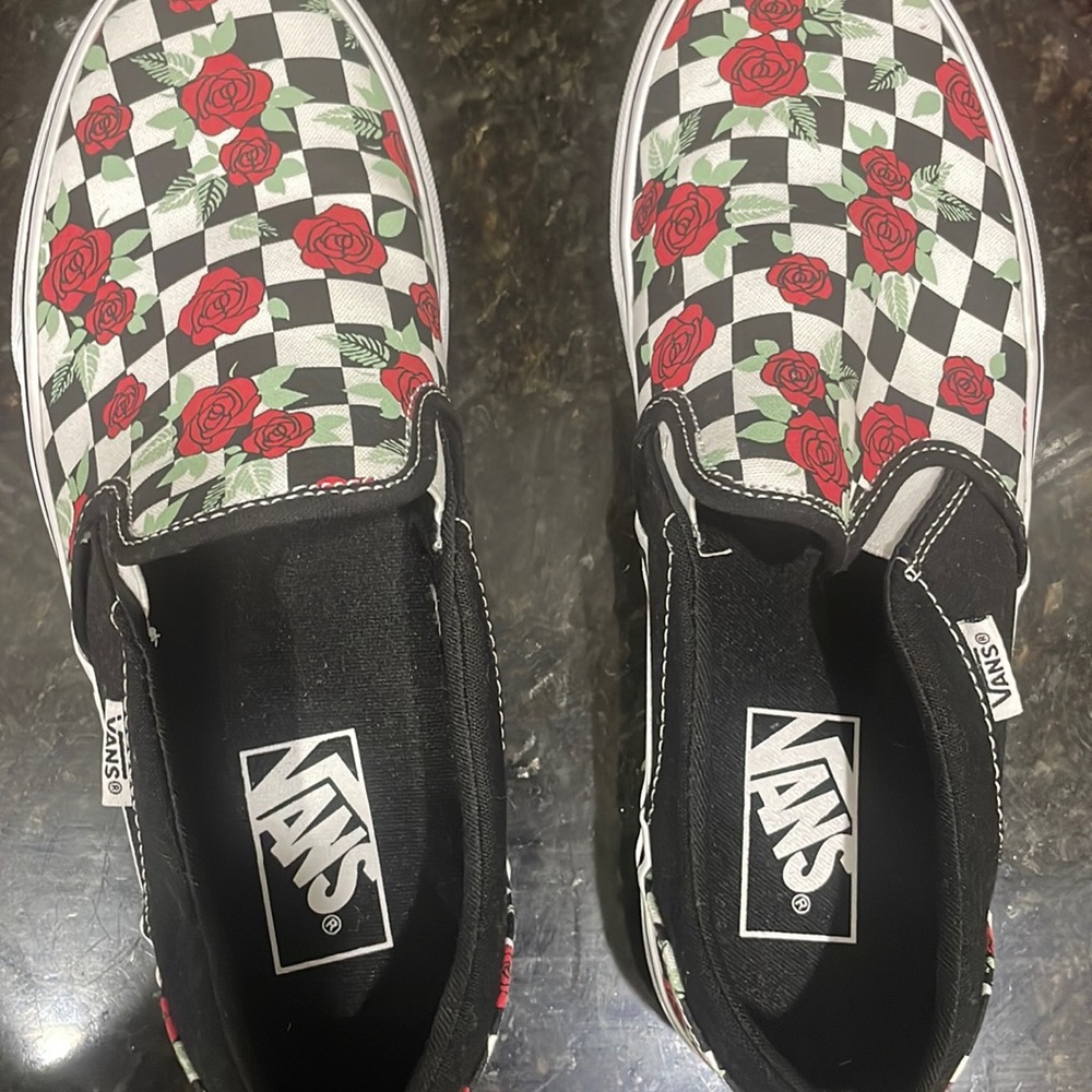 Vans, black and white with red roses